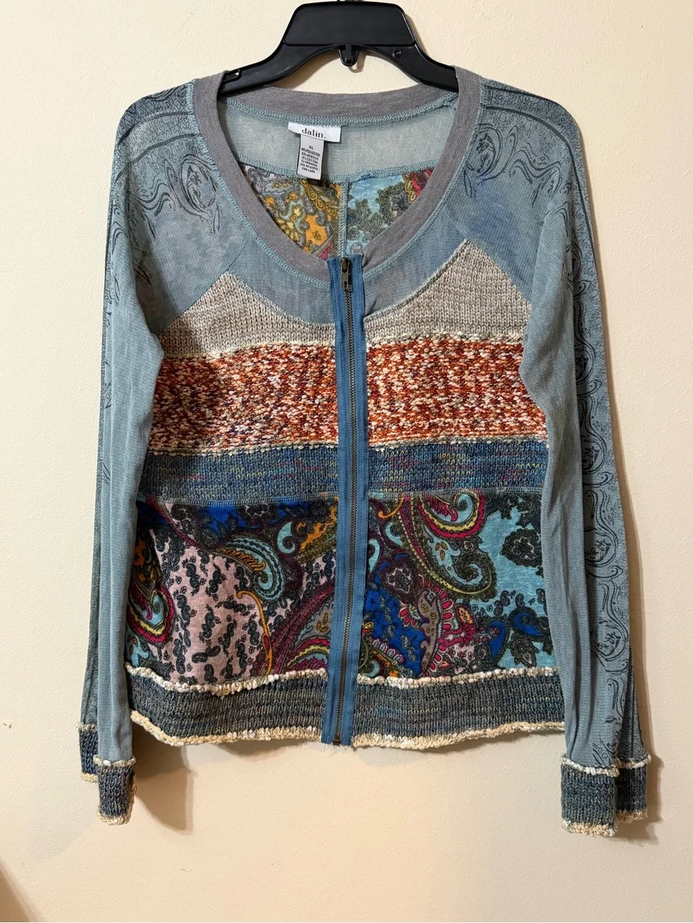 Dalin Boho Patchwork Paisley Zip-Up Cardigan Sweater XL